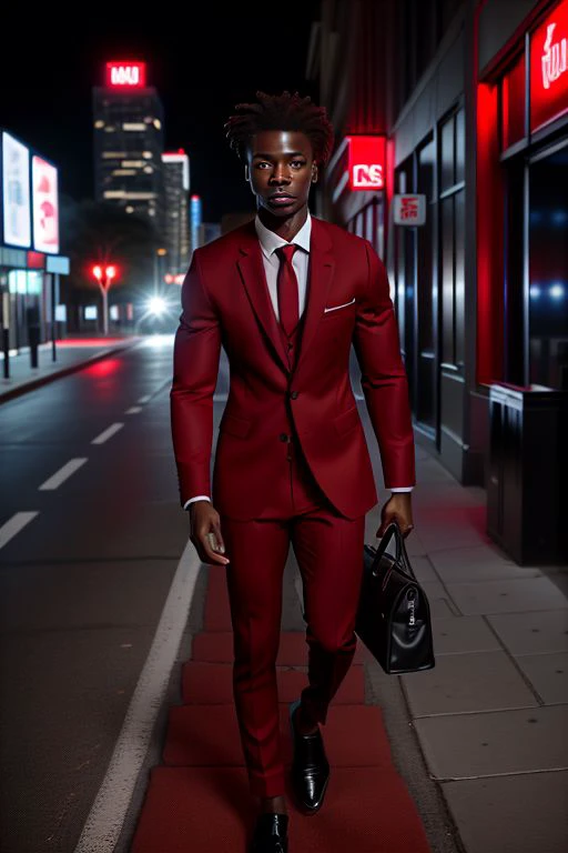 a portrait of Isaiah walking down the street wearing a red business suit. Night.