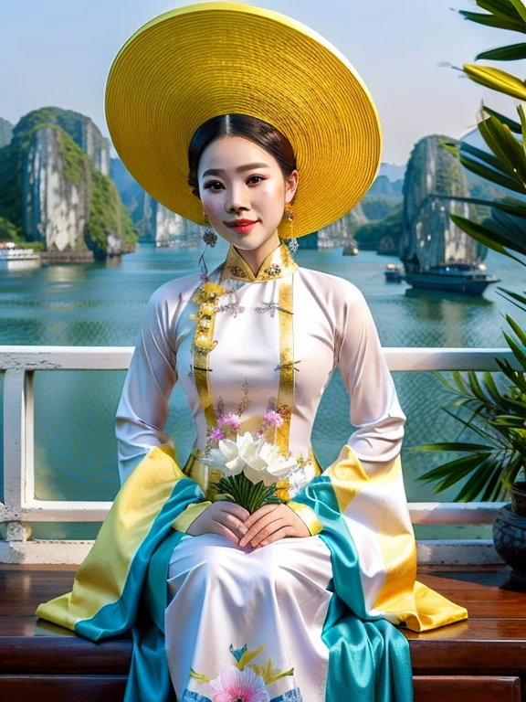 <lora:Vietnamese_disk_hat_SD15-000009:1> d1sk_h4t, a beautiful shapely woman in a blue ao dai dress, yellow hat, holding a giant orchid flower,  sitting on a balcony in ha long bay