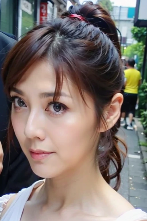 Best quality,masterpiece,ultra high res,(photorealistic:1.2),1girl,low key,slim body,taipei street alley,dynamic pose,face closeup,<lora:angel_han:0.9>,brown hair,high ponytail,