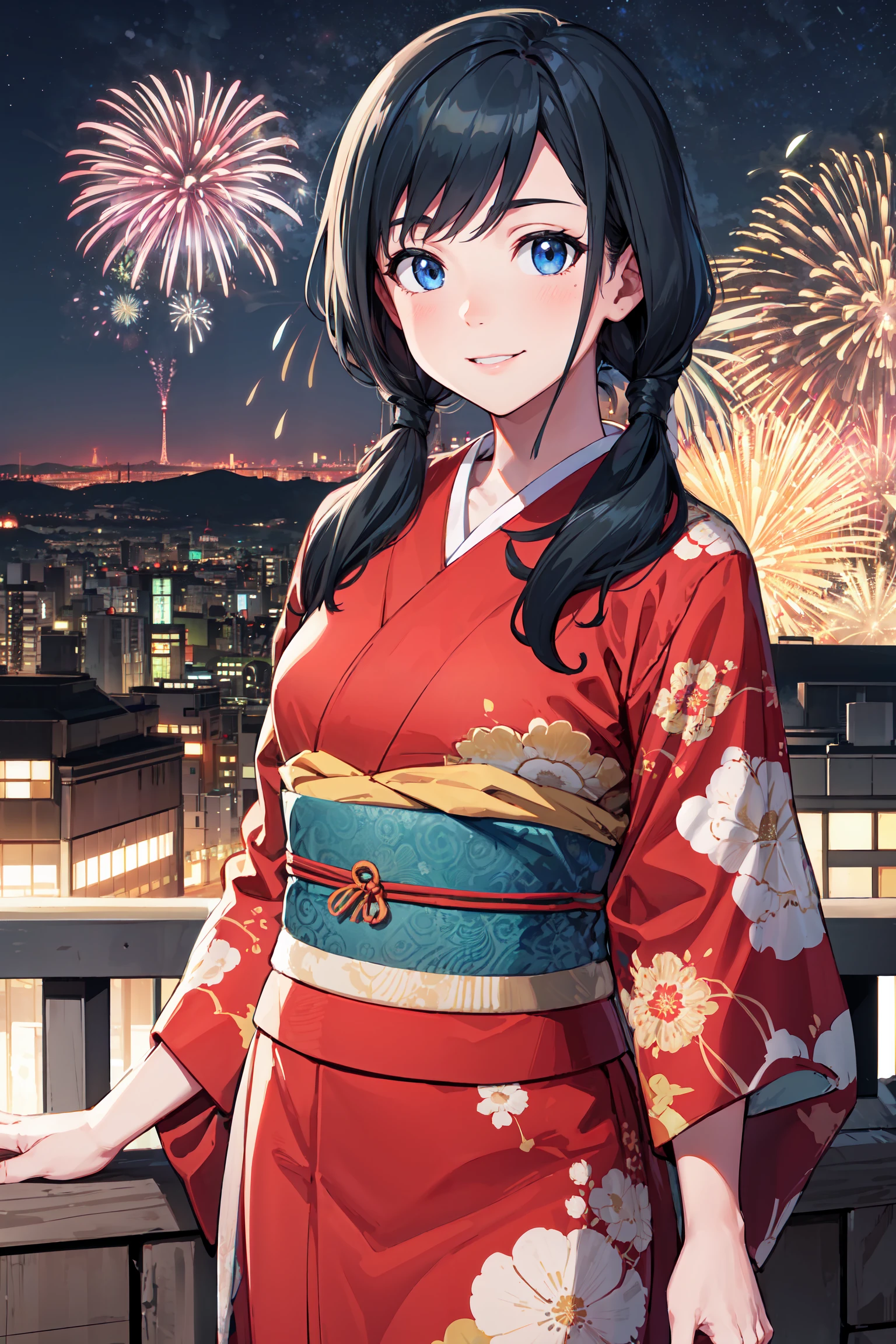 masterpiece, best quality, cowboy shot, looking at viewer, smile, hina amano, long hair, low twintails, kimono, outdoors, tokyo sky tree, rooftop, fireworks, <lora:hina_amano_v1:1>