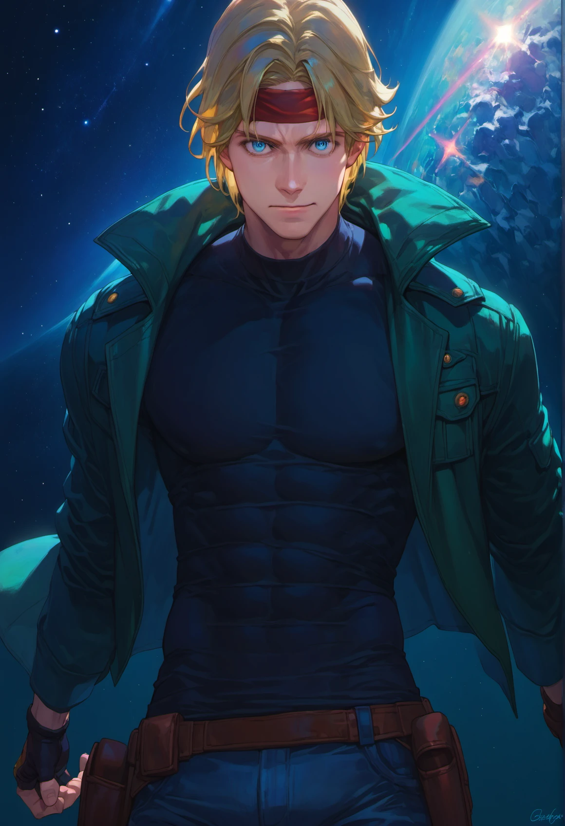 score_9, score_8_up, score_7_up, score_6_up,
star ocean, claude kenny, 1boy, black shirt, blonde hair, blue eyes, denim, fingerless gloves, gloves, headband, military uniform, holstered gun, green jacket, male focus, open clothes, open jacket, pants, shirt,
upper body, (close-up:1.4), space, star \(sky\), spiral galaxy, official wallpaper, backlighting,
<lora:yukihiro_kajimoto_so2r_pony:1>
<lora:IOS_Iridescent_opal_style:0.8>