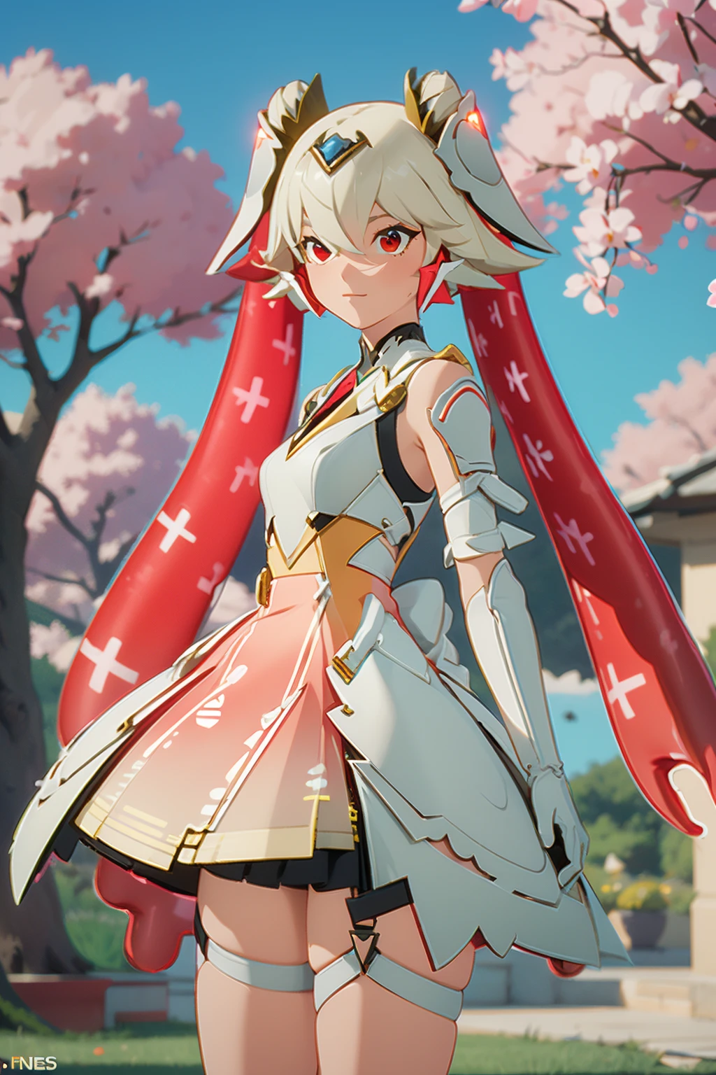 (2d:1.2), wide shot, (dynamic angle:1.1), outline, ((thick lineart)), cover, stylish, official art, (details:1.2), (fantasy), garden, (bloom:1.1), glow:0.2, shadow, nature, cherry blossoms, particles, (depth of field), sharp focus, (volumetric lighting), (bokeh:0.6), film grain:0.4, (soft lighting:1.1), rubytoff, white hair, hair ornament, twintails, hair between eyes, red eyes, bangs, gloves, white gloves, white dress, <lora:!Rubytoff_02_00_01:1>