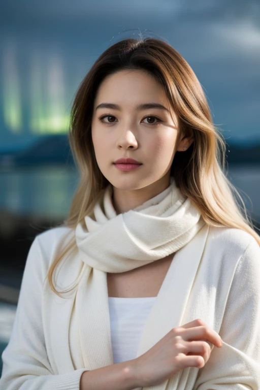 HWGIRL,masterpiece,ultra realistic,32k,extremely detailed CG unity 8k wallpaper, best quality,(spring day ),lady ,necklace ,eardrop, The Northern Lights, Norway, ( Pearlescent Styling with a scarf ) , Platinum blonde hair Beachy waves ,,<lora:Hwgirl_V020:0.9>,