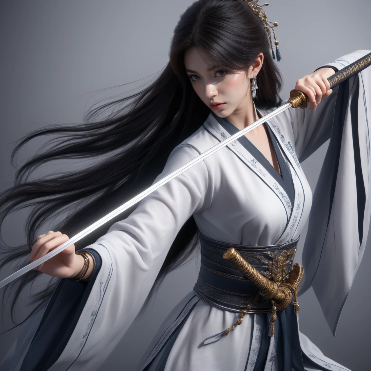 nvjianke,1girl,weapon,solo,sword,jewelry,earrings,hair ornament,holding,long hair,holding weapon,realistic,wide sleeves,black hair,holding sword,chinese clothes,long sleeves,hanfu,sash,closed mouth,hair stick,looking away,looking to the side,grey background,bangs,upper body,necklace,
Best quality,masterpiece,ultra high res,<lora:20240301-1709278215417-0020:0.7>,