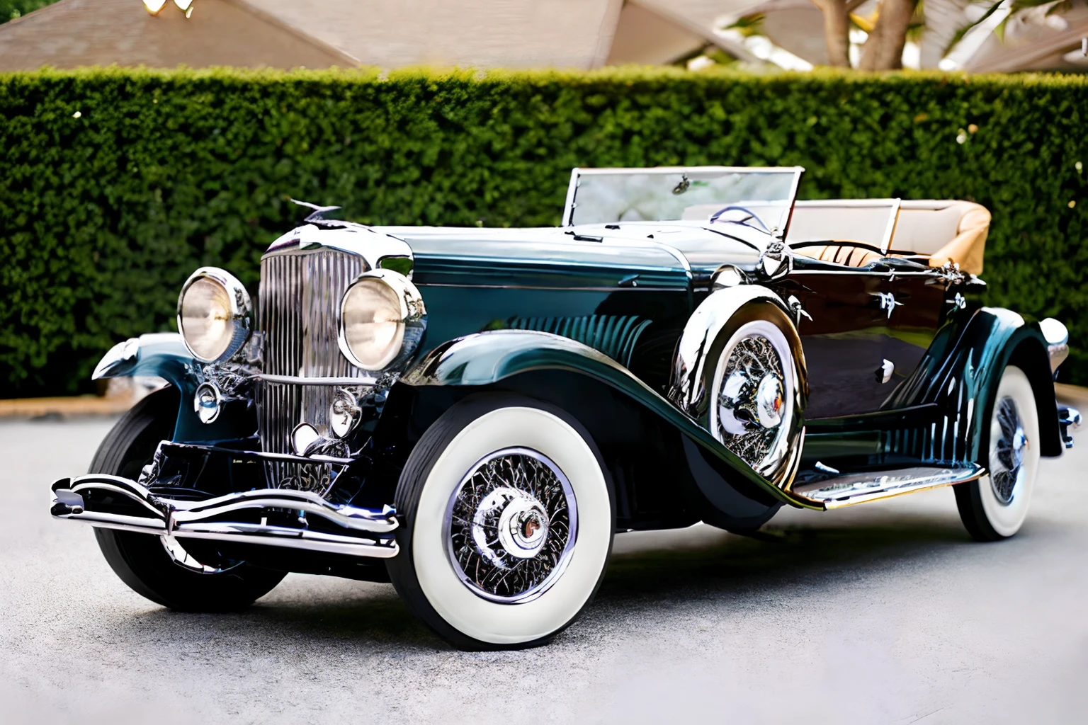 Photo of a duesenberg-j phaeton parked in front of an art deco mansion <lora:1930s_Duesenberg_Model_J_by_IMAK:1>