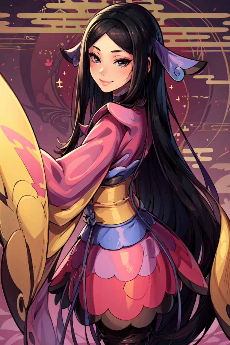 <lora:more_details:0.5>, ((masterpiece, best quality)), anime style, <lora:Valerie_Pokemon_v2:0.8>, valerie (pokemon), long hair, black hair, black eyes, parted bangs, eyeshadow, hair ornament, black pantyhose, choker, dress, furisode, japanese clothes, kimono, long sleeves, solo, smile, looking at viewer, cowboy shot,, curvy,,