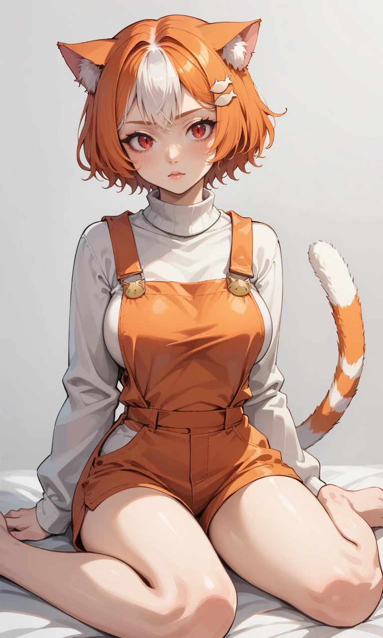 score_9, score_8_up, score_7_up, 2D, rating_explicit, source_anime,
BREAK,
Sitting on the ground, legs in front, hands behind,
1girl, solo, tail, red eyes, cat tail, large breasts, cat girl, animal ear fluff, orange hair, multicolored hair, white hair, short hair, animal ears, tail, cat ears, fish hair ornament, hair ornament, hairclip, hair over ears, bangs, two-tone hair, orange overalls, overalls, white sweater, sweater, long sleeves, turtleneck, turtleneck sweater,  <lora:PonyMixMarsey:0.5>, sketch, simple background, detailed face