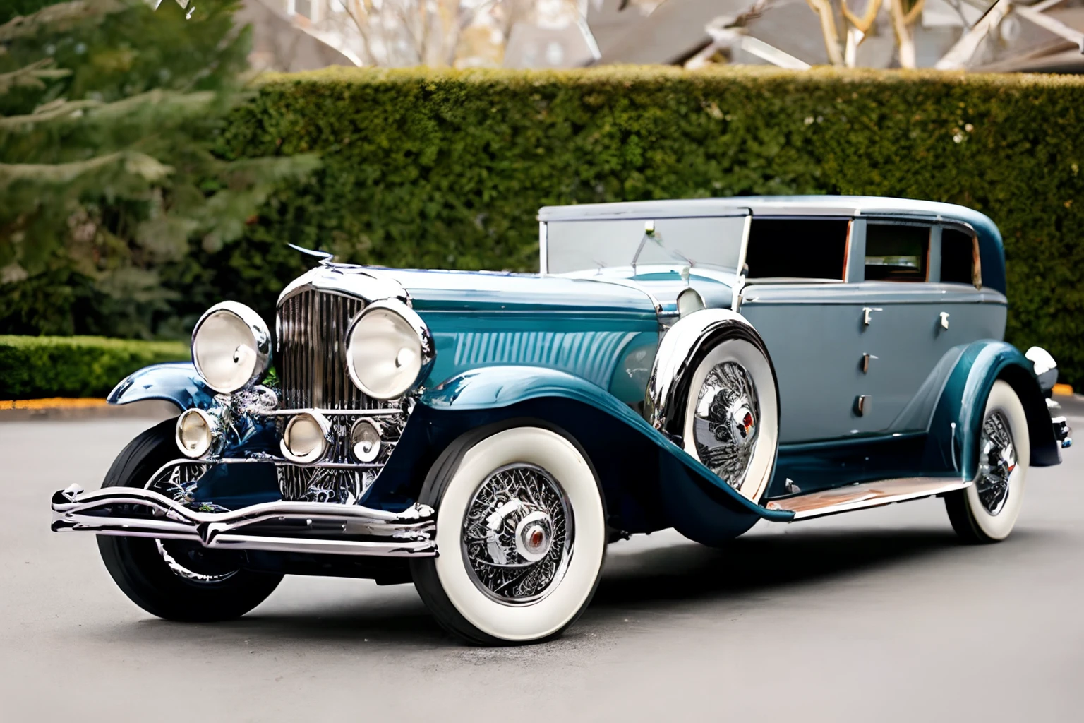 Photo of a duesenberg-j town car parked in front of an art deco mansion <lora:1930s_Duesenberg_Model_J_by_IMAK:1>