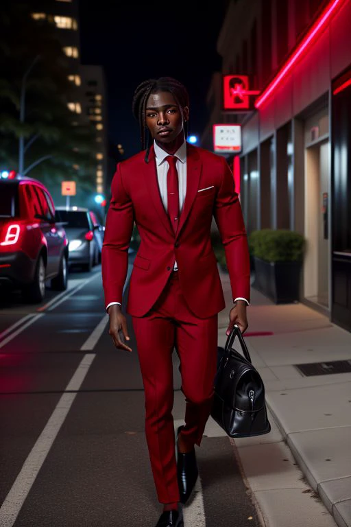 a portrait of Isaiah walking down the street wearing a red business suit. Night.