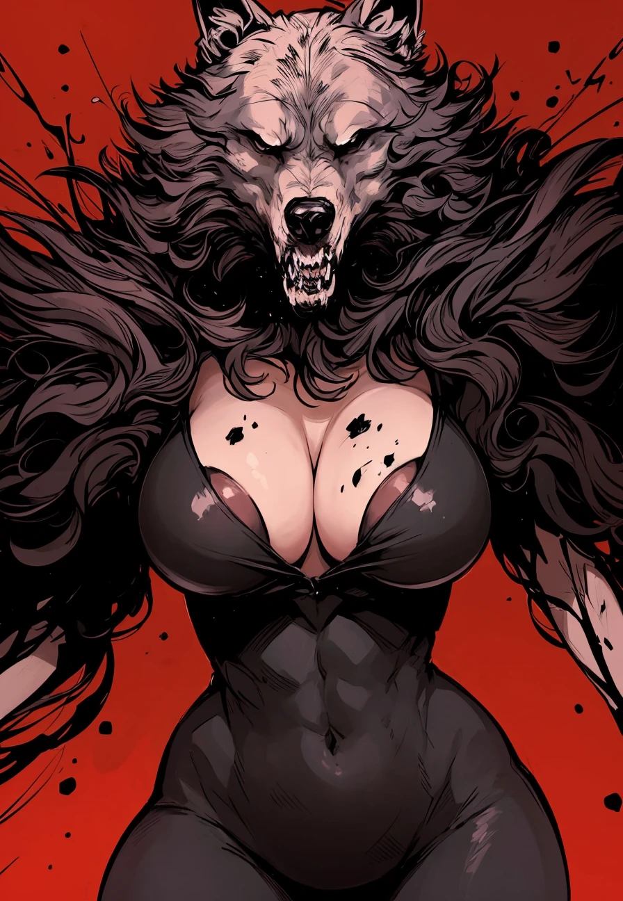 wolf face with womans body, red background, (close-up:1.1), girl ( standing:1.2), cleavage, (looking at viewer:1.3), (slim body type:1.2), (large breast size:1.2), BREAK  dark theme, pastel lights,<lora:Horror_Ink_Style-000008:.7> , dark art, blood, violent , hurt, mood, bleeding