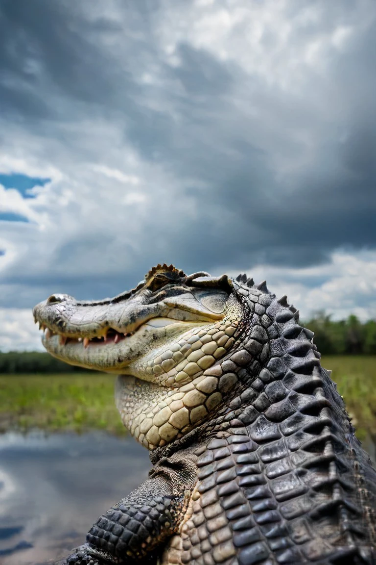 a photo shot in the point of view from the back of a a alligator's head close-up on the lower side of the shot, cropped, showing a big fluffy cloud sky above <lora:HeadPOV_from_behind_vk1-000018:0.85>, natural lighting, 4k, high quality, Fujifilm XT3