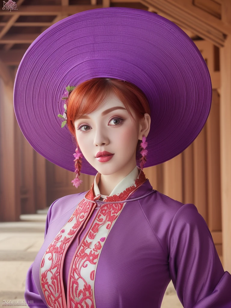 <lora:Vietnamese_disk_hat_SD15:1> medium closeup, ginger woman, d1sk_h4t, purple ao dai, dress, red hat