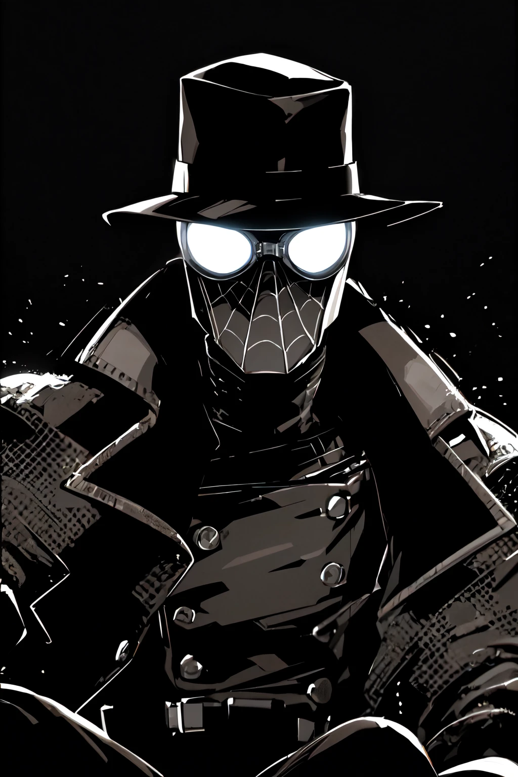 beautiful eyes, high detail skin, high detail eyes, high detail hair, highres, ultra detailed, sharpen picture, Highly detailed, masterpiece, best quality, photorealistic,
<lora:SpidermanNoirLora:1> 1boy, googles, mask, trench coat, gloves, vest, pants, hat, boots, belt,n PA7_Portrait-CU, from side