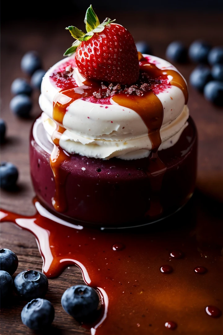 photo RAW,food photography, food explosion,a macroscopic photograph of strawberry ice cream with cherry cream, ice cubes, maraschino cherries, blueberries, lychees , hundreds and thousands, dark chocolate sauce, nuts, mint leaves, splashing dark chocolate sauce, in a gradient honey coloured background, fluid motion, dynamic movement,action shot,sweetscape, oversized fruit, caramel theme, exceptional shallow depth-of-field capabilities, atmospheric blur,vivid colors,, high quality textures of materials, volumetric textures, coating textures, metal textures, dusty atmospheric haze