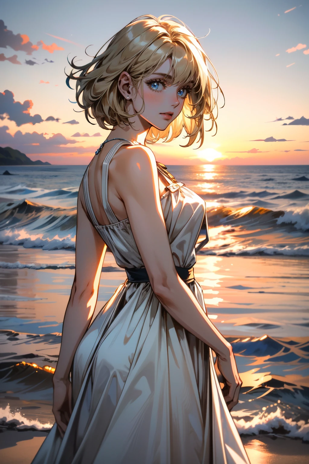 ((ultra detailed, masterpiece, absurdres))
 <lora:I2SGirl:0.8>
I2SGirl, medium hair, blonde hair, blue eyes, on a beach during a vibrant sunset, sundress, playing with the waves