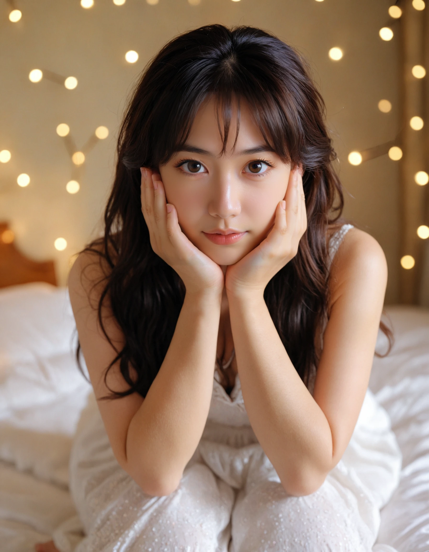 masterpiece, best quality, (adult girl), posing (very submissive:1.5), (kneel on the bed), supporting head on hands, (cute face, temptations look), (shallow focus:1.2), (shy, in love, in love expression:1.2), (triangle shape face:0.6), (black hair:1.2, long brown hair), deep v top, dress, bed, (rim light from bottom-right:0.96), (Canon 50 f/1.2 lens bokeh), <lora:hinaTuningFaceDetailer_SDXL-v2-rank256-pruned:1>