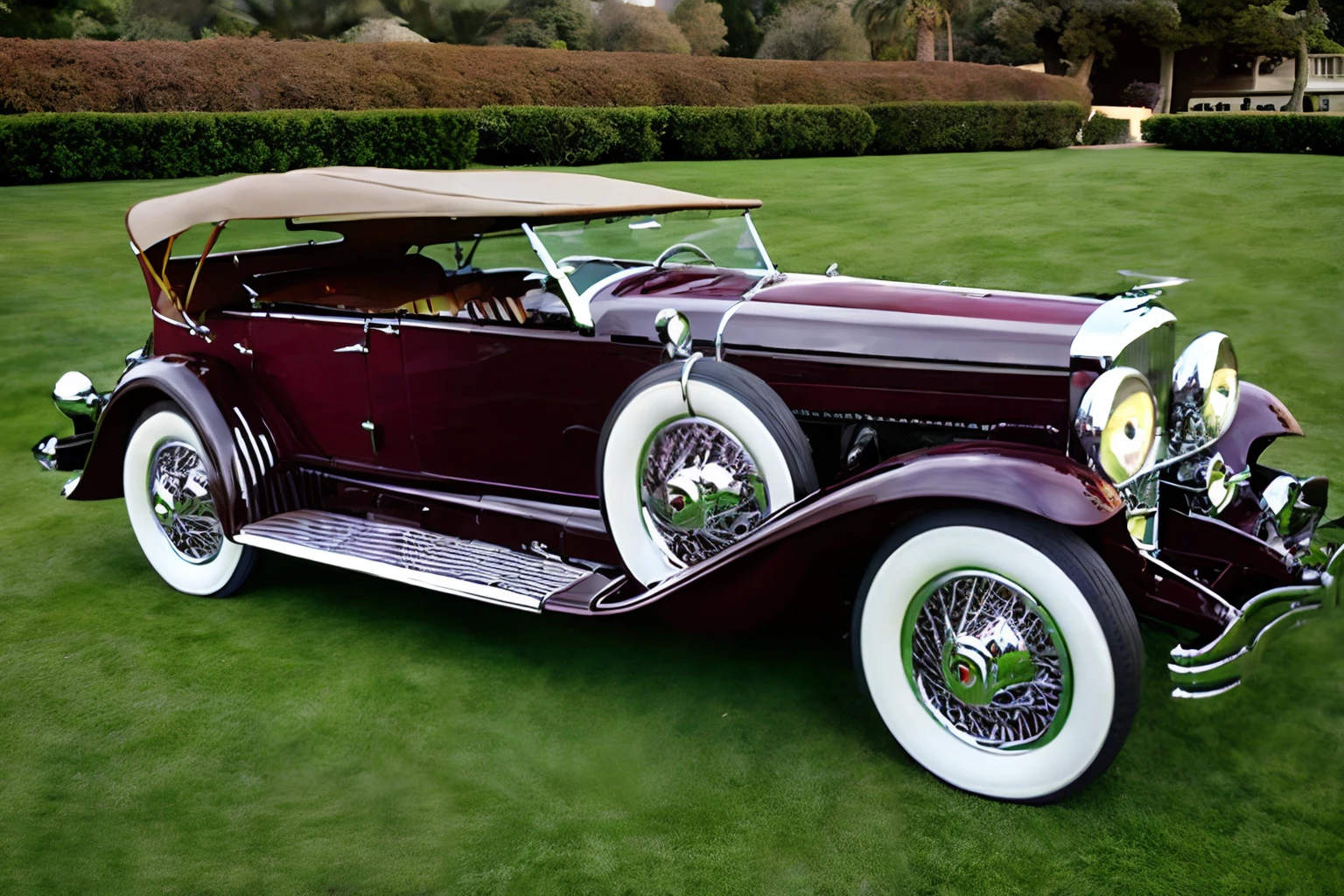 Photo of a duesenberg-j convertible parked in front of an art deco mansion <lora:1930s_Duesenberg_Model_J_by_IMAK:1>