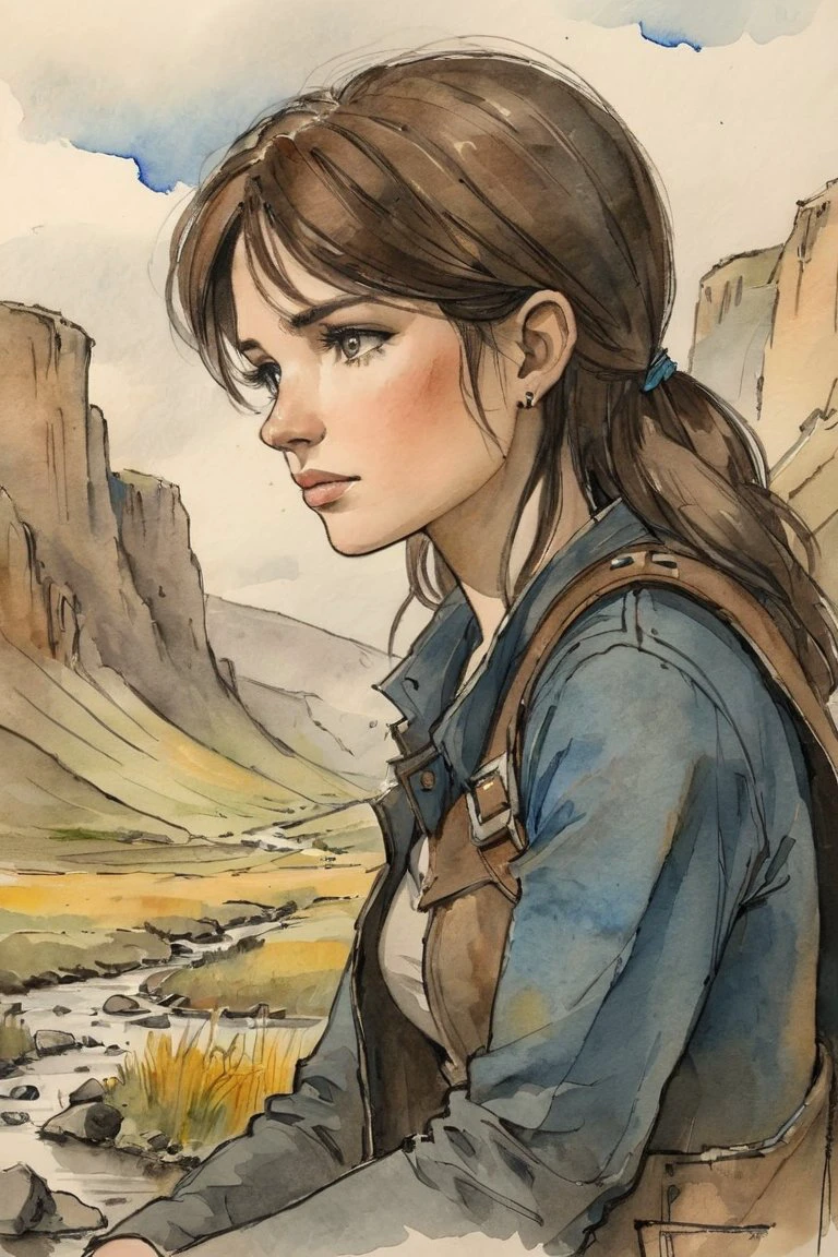 A valley forgotten by time woman 25yo, costs, steelpunk style, watercolor sketch in artistic style, large strokes, finalized with ink, fine lines