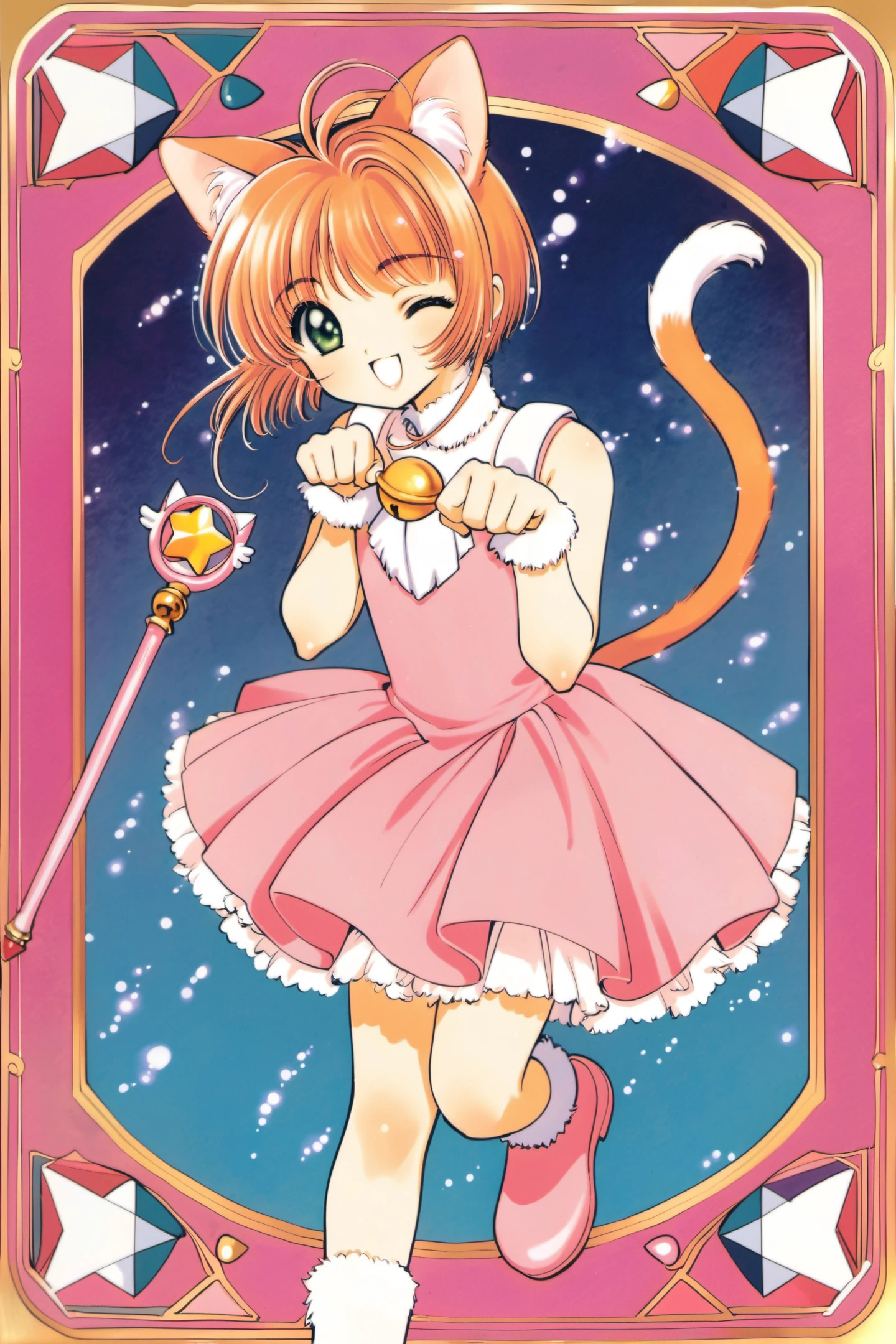 1girl,kinomoto sakura,animal ears,one eye closed,cat ears,solo,tail,brown hair,bell,green eyescat tail,magical girl,dress,paw pose,short hair,smile,open mouth,1990s (style),retro artstyle,;d,jingle bell,wand,looking at viewer,pink dress,antenna hair,<lora:Card Captor Sakura_XL:0.8>,