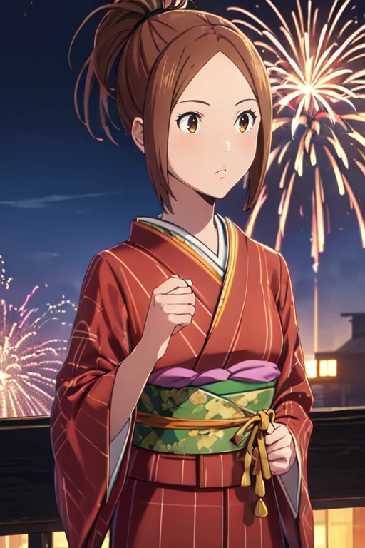 concept art <lora:KayaMiyoshiR4:0.7>, KayaMiyoshiR4, 1girl, masterpiece, high quality, highres, absurdres, brown hair, brown eyes, ponytail, outdoors, fireworks, kimono . digital artwork, illustrative, painterly, matte painting, highly detailed
