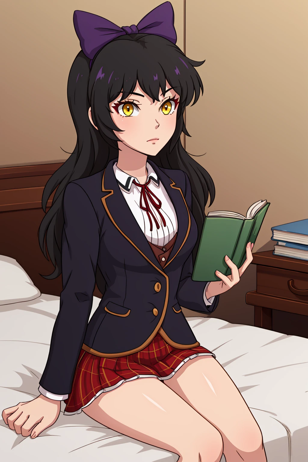 solo,<lora:BeaconFemUni-05:1> 1girl, beaconunif, blazer,plaid skirt, <lora:rwby_belladonna:0.5> blake belladonna, black hair, yellow eyes, bow, sitting on bed, reading book