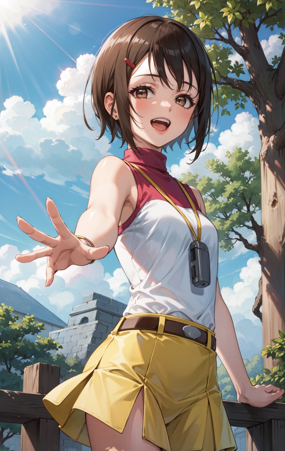 masterpiece, best quality, highres,
HikariDef, 1girl, solo, short hair, brown eyes, brown hair, hair ornament, hairclip, 
shirt, bare shoulders, skirt, jewelry, sleeveless, belt, turtleneck, yellow skirt, 
cowboy shot, waving, waving arms, looking at viewer, forest, outdoors, tree, sunlight, cloudy, laughing, <lora:Yagami_Hikari:1>