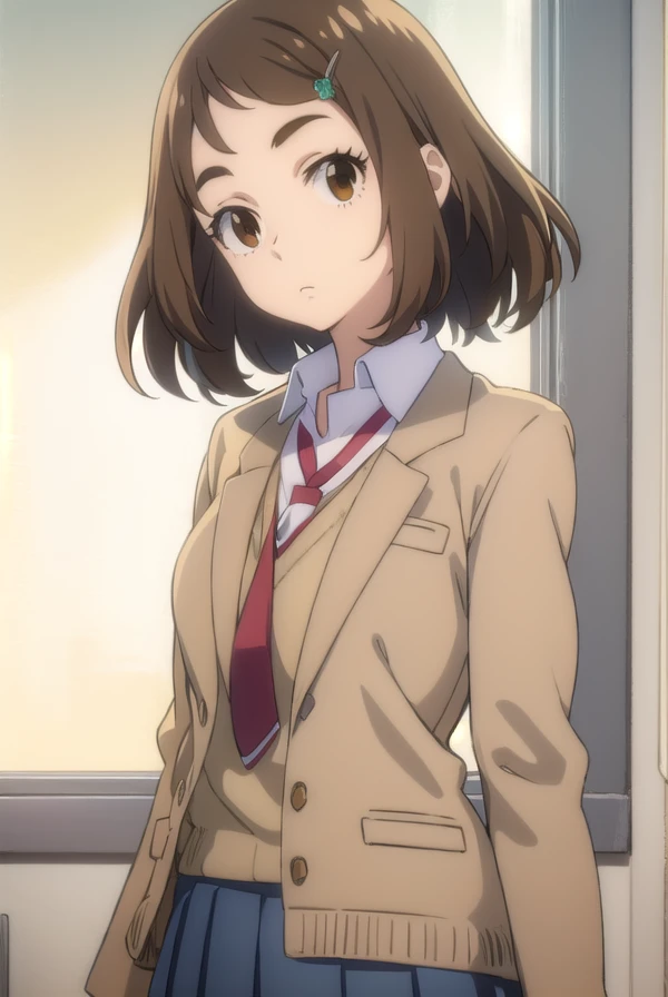 kanakoumoto, <lora:kana koumoto movie2-lora-nochekaiser:1>,
kana koumoto, short hair, brown hair, hair ornament, (brown eyes:1.5), hairclip,
BREAK skirt, school uniform, pleated skirt, necktie, miniskirt, cardigan, red necktie, brown cardigan, blazer, blue blazer,
BREAK indoors, classroom,
BREAK looking at viewer, (cowboy shot:1.5), dynamic pose,
BREAK <lyco:GoodHands-beta2:1>, (masterpiece:1.2), best quality, high resolution, unity 8k wallpaper, (illustration:0.8), (beautiful detailed eyes:1.6), extremely detailed face, perfect lighting, extremely detailed CG, (perfect hands, perfect anatomy),