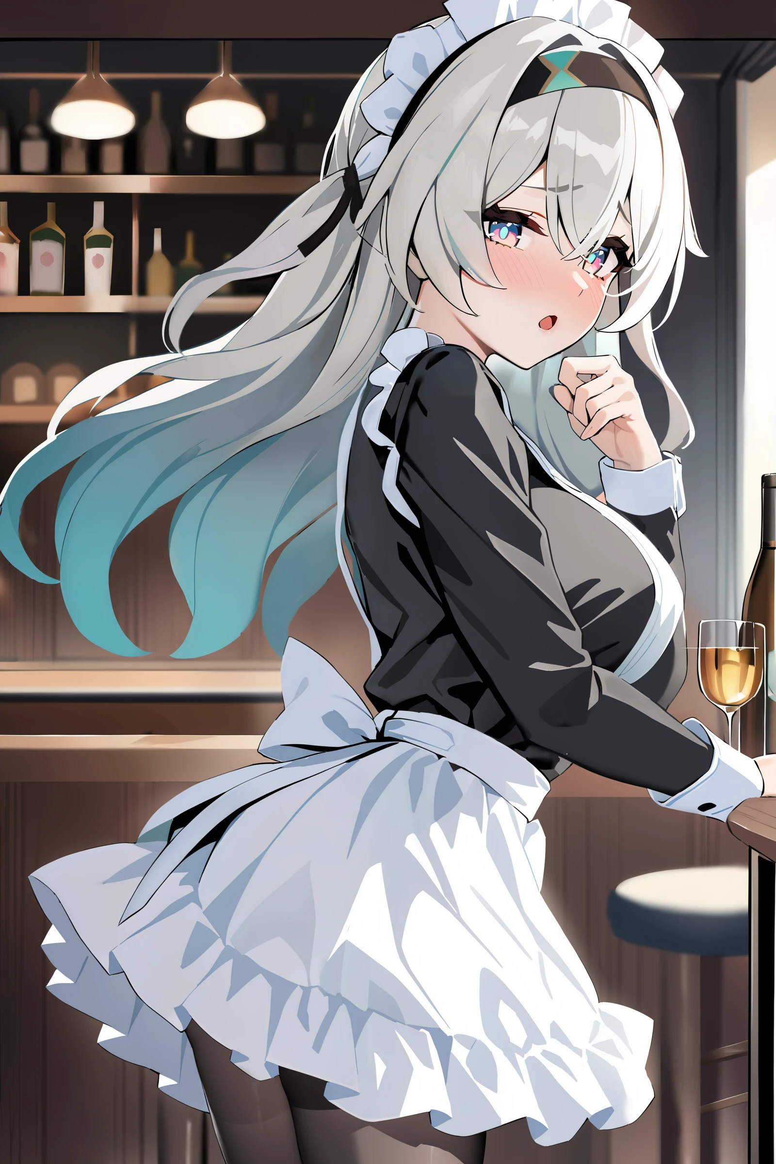 1girl, firefly \(honkai: star rail\), hairband, solo, maid, maid headdress, maid apron, embarrassed, pantyhose, open mouth, blush, parted lips, looking at viewer, cowboy shot, bar \(place\), indoors, depth of field , masterpiece, best quality, high quality, highres, ultra-detailed, <lora:Char-HonkaiSR-Firefly-XL-V1:0.9>
