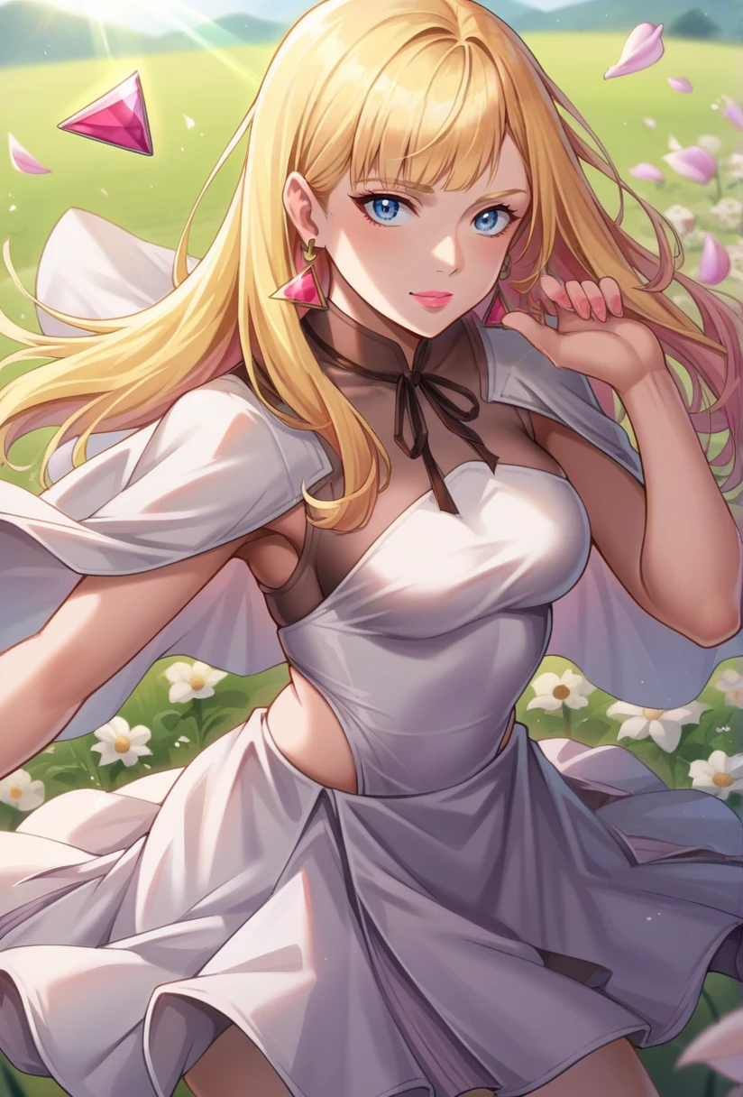 score_9, score_8_up, score_7_up, source_anime BREAK 1girl, solo, looking at viewer, cowboy shot, <lora:Gigi_Andalucia_Sdxl-12:1>, blonde hair, long hair, blue eyes, earrings, triangle earrings, jewelry, white dress, white capelet, white skirt, medium skirt, ribbon, wide hips, medium breasts, high heels, no socks, pink lips, nail polish, pink nails, outdoors, sunlight, grass, flower field, dancing, speed lines, turnaround,