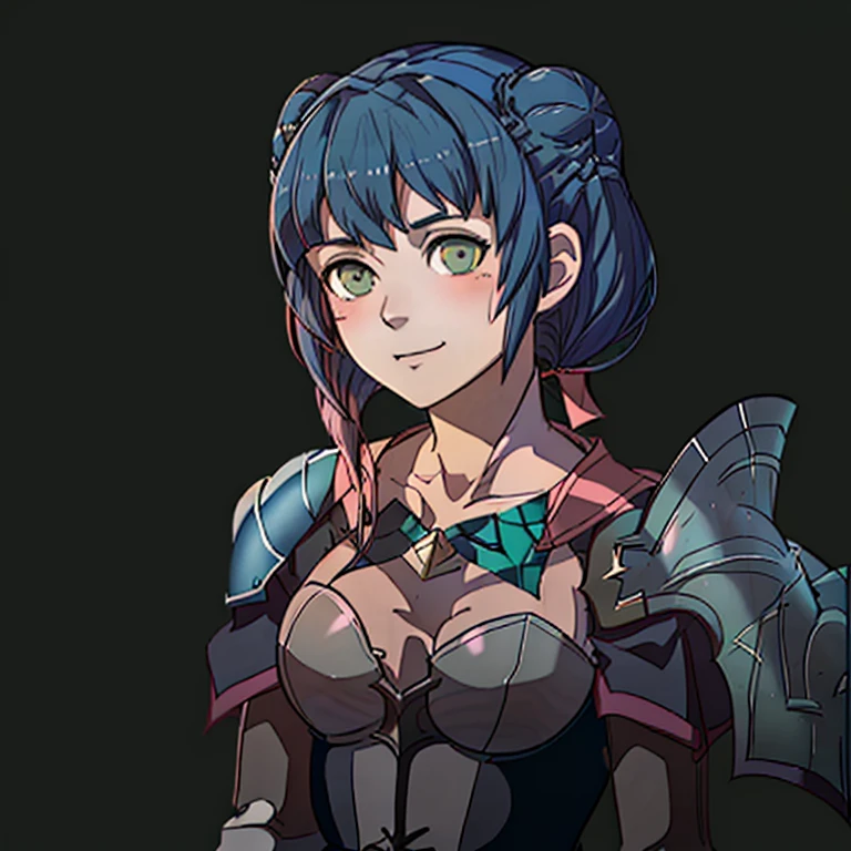 Fire Emblem, Catria (Fire Emblem), Catria (Fire Emblem Gaiden), Catria (Fire Emblem Echoes: Shadows of Valentia), (simple background, green background:1.3), light top left, Armor, 1Girl, Teenager, Double Bun, Multicolored Hair, Black Hair, Pink Hair, (Happy:1.3)