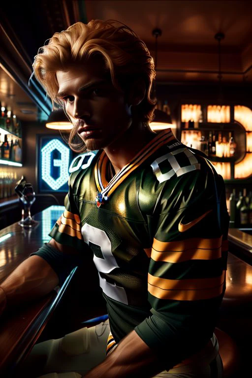 a portrait of David wearing a packers jersey. Dramatic lighting. Noir. In a bar. Night.