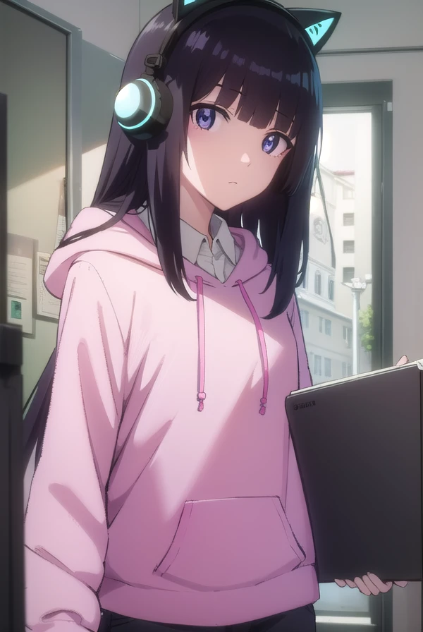 hidomihibajiri, <lora:hidomi hibajiri movie1-lora-nochekaiser:1>,
hidomi hibajiri, long hair, bangs, black hair, (purple eyes:1.1), blunt bangs,
BREAK shirt, animal ears, white shirt, collared shirt, hood, hoodie, fake animal ears, headphones, hood down, animal ear headphones, cat ear headphones, pink hoodie,
BREAK indoors,
BREAK looking at viewer, (cowboy shot:1.5), dynamic pose,
BREAK <lyco:GoodHands-beta2:1>, (masterpiece:1.2), best quality, high resolution, unity 8k wallpaper, (illustration:0.8), (beautiful detailed eyes:1.6), extremely detailed face, perfect lighting, extremely detailed CG, (perfect hands, perfect anatomy),