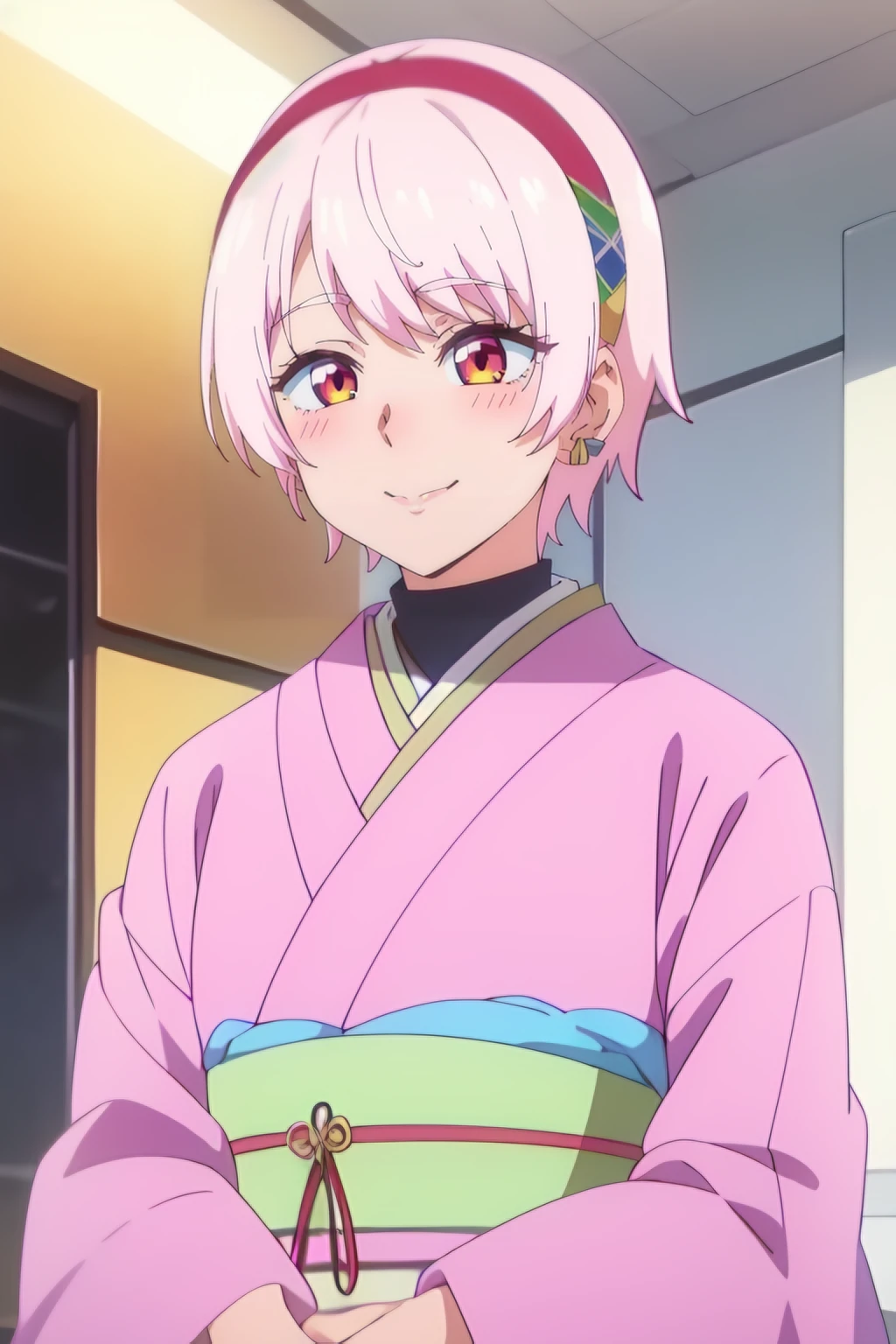 <lora:Rena Natsukawa:0.7> rena natsukawa, 1girl, pink_hair, short_hair, solo, blush, hairband , red_eyes, bangs, earrings, smile , japanese_clothes, pink_kimono, kimono, best_quality, highres, extremely_detailed, anime perfect detailed style, 8k, masterpiece, anime art style, anime coloring,