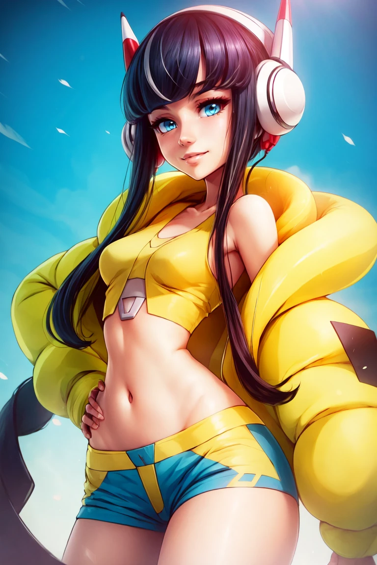 <lora:more_details:0.5>, ((masterpiece, best quality)), anime style, <lora:Elesa_Pokemon_v2:0.8>, elesa (pokemon), black hair, streaked hair, long sidelocks, blunt bangs,   headphones, pokemon bw2,  yellow jacket, puffy jacket, crop top, yellow and blue shorts,  solo, smile, looking at viewer, cowboy shot,, curvy,,