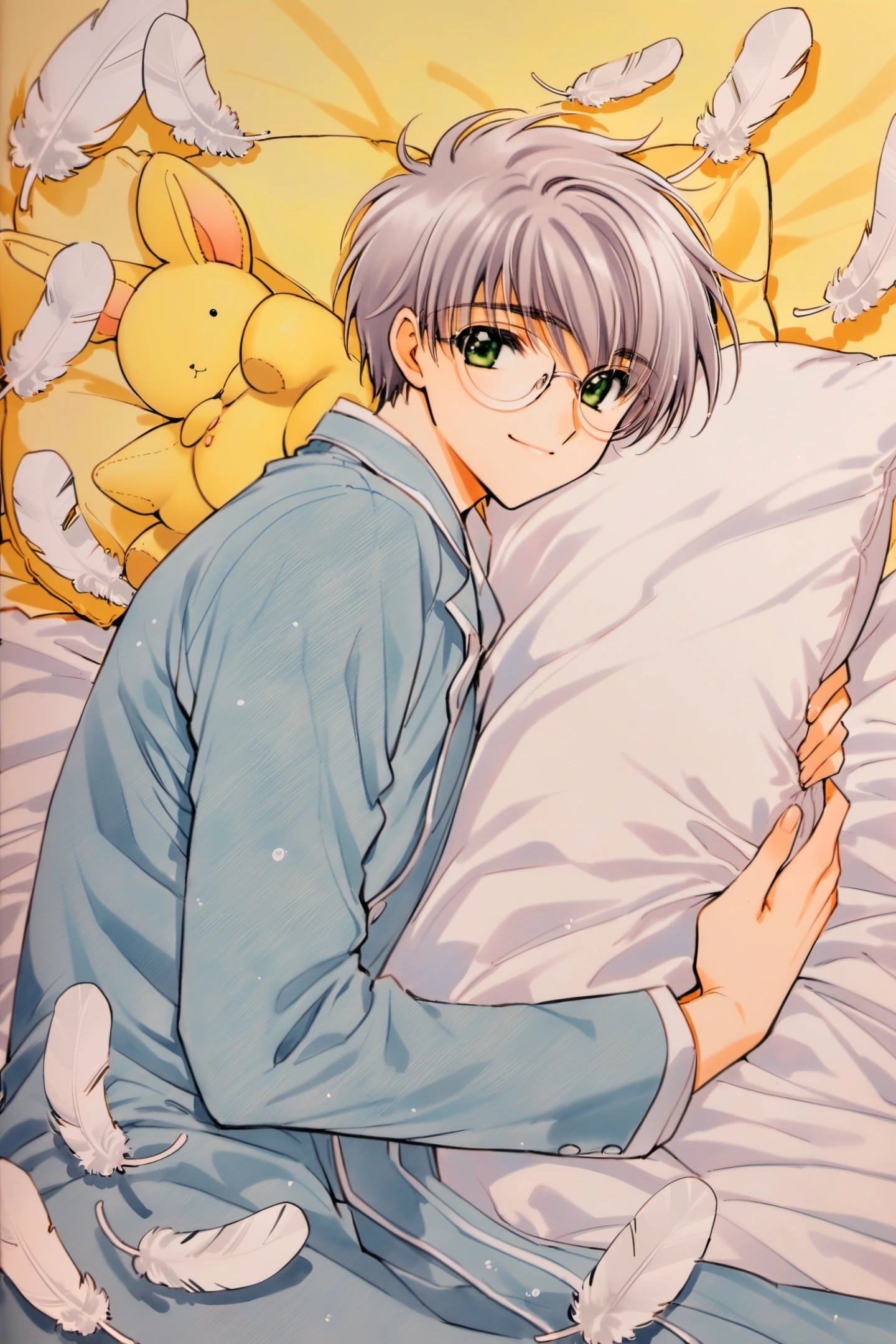 1boy,male focus,solo,feathers,glasses,stuffed toy,pillow,smile,white feathers,long sleeves,stuffed animal,green eyes,stuffed bunny,holding,looking at viewer,grey hair,lying,traditional media,closed mouth,pajamas,yellow background,bangs,upper body,under covers,short hair,<lora:Card Captor Sakura_XL:0.8>,