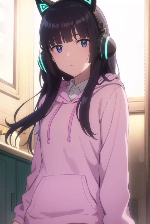 hidomihibajiri, <lora:hidomi hibajiri movie1-lora-nochekaiser:1>,
hidomi hibajiri, long hair, bangs, black hair, (purple eyes:1.1), blunt bangs,
BREAK shirt, animal ears, white shirt, collared shirt, hood, hoodie, fake animal ears, headphones, hood down, animal ear headphones, cat ear headphones, pink hoodie,
BREAK indoors,
BREAK looking at viewer, (cowboy shot:1.5), dynamic pose,
BREAK <lyco:GoodHands-beta2:1>, (masterpiece:1.2), best quality, high resolution, unity 8k wallpaper, (illustration:0.8), (beautiful detailed eyes:1.6), extremely detailed face, perfect lighting, extremely detailed CG, (perfect hands, perfect anatomy),