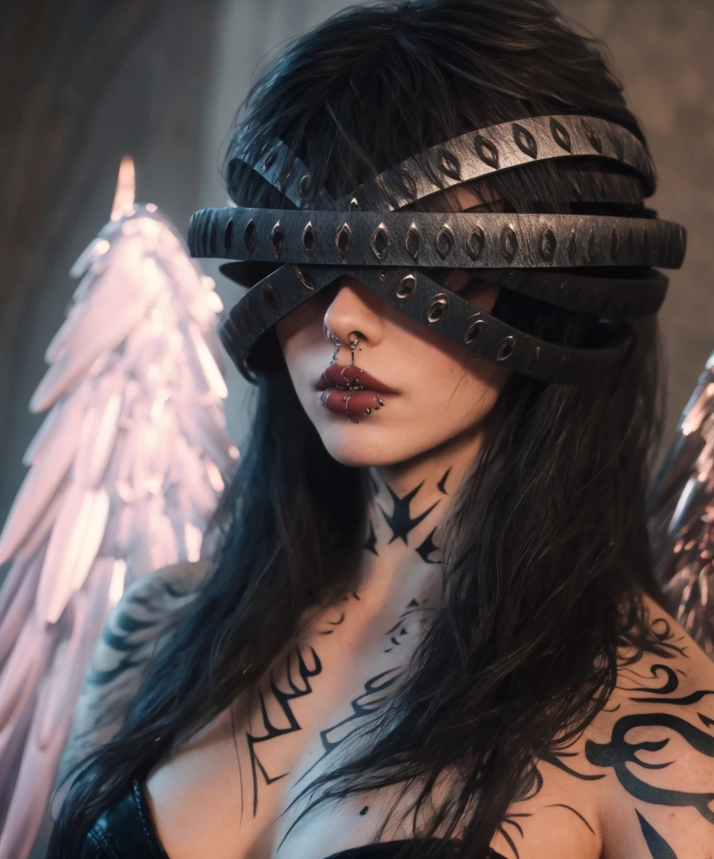 angel_mask,1girl,solo,long hair,black hair,upper body,lips,tattoo,piercing,nose piercing,lip piercing,<lora:angel_mask-10:1>,