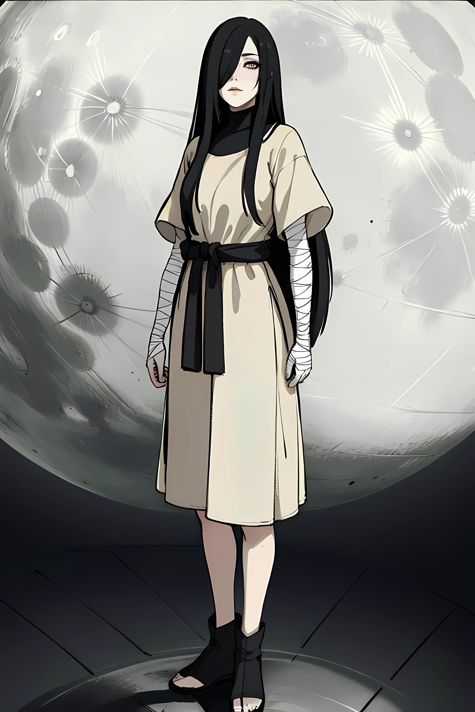 (masterpiece, best quality:1.2), extremely detailed, looking at viewer, <lora:Oru63:0.61>, (makeup), Oru63, 1girl, solo, long hair, black hair, standing, full body, hair over one eye, bandages, moon, full moon, toeless footwear