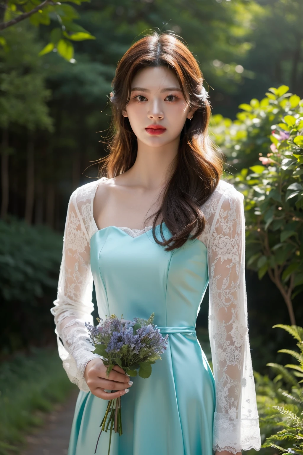 (realistic), (hyperrealism),best quality, masterpiece,ultra high res, (photorealistic:1.4),1girl,(looking at viewer:2), <lora:add_detail:0.4>,formal dress, forest, flowers,
<lora:makina69_seeun_v1.0:0.7> ,
cowboy shot,