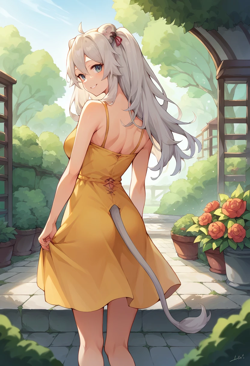 core_9, score_8_up, score_7_up, ShishiroBotan, long hair, two side up, ear piercing, lion tail, from behind, yellow sundress, garden, day, sunshine, smile, looking back, <lora:CHAR-ShishiroBotanPonyXL:1>