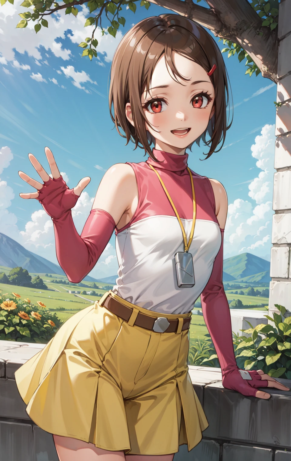 masterpiece, best quality, highres,
HikariDef, 1girl, solo, short hair, brown eyes, red eyes, brown hair, hair ornament, hairclip,  
shirt, bare shoulders, elbow gloves, gloves, skirt, jewelry, sleeveless, belt, turtleneck, yellow skirt, whistle, whistle around neck, fingerless gloves, 
cowboy shot, waving, waving arms, looking at viewer, forest, outdoors, tree, sunlight, cloudy, laughing, <lora:Yagami_Hikari:1>