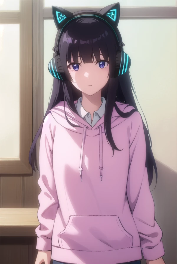 hidomihibajiri, <lora:hidomi hibajiri movie1-lora-nochekaiser:1>,
hidomi hibajiri, long hair, bangs, black hair, (purple eyes:1.1), blunt bangs,
BREAK shirt, animal ears, white shirt, collared shirt, hood, hoodie, fake animal ears, headphones, hood down, animal ear headphones, cat ear headphones, pink hoodie,
BREAK indoors,
BREAK looking at viewer, (cowboy shot:1.5), dynamic pose,
BREAK <lyco:GoodHands-beta2:1>, (masterpiece:1.2), best quality, high resolution, unity 8k wallpaper, (illustration:0.8), (beautiful detailed eyes:1.6), extremely detailed face, perfect lighting, extremely detailed CG, (perfect hands, perfect anatomy),