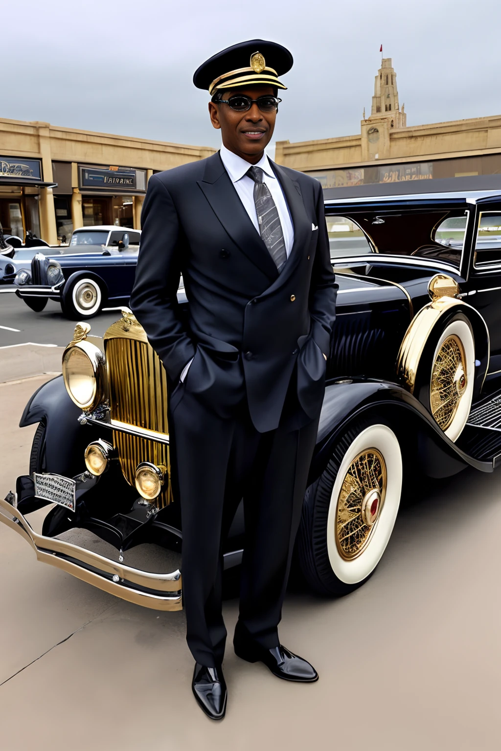 Photo of a distinguished (50 year old man) wearing 1930s chauffeur livery and a chauffeur style peaked cap (standing in front) of a gold duesenberg-j  town car <lora:1930s_Duesenberg_Model_J_by_IMAK:.6>