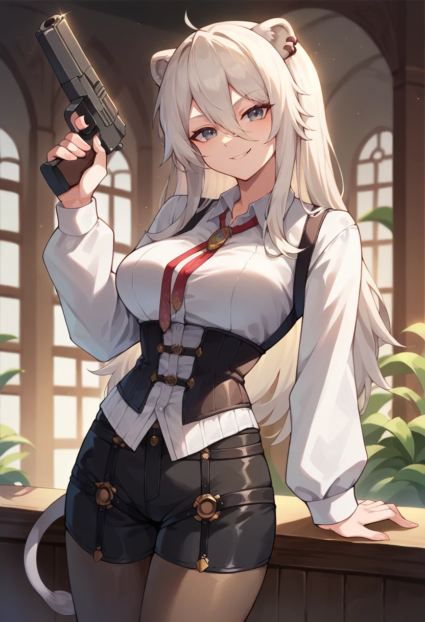 core_9, score_8_up, score_7_up, BotanSuit, long hair, ear piercing, lion tail, collared shirt, corset, longs sleeves, black shorts, pantyhose, holding gun, smirk, indoors, <lora:CHAR-ShishiroBotanPonyXL:1>