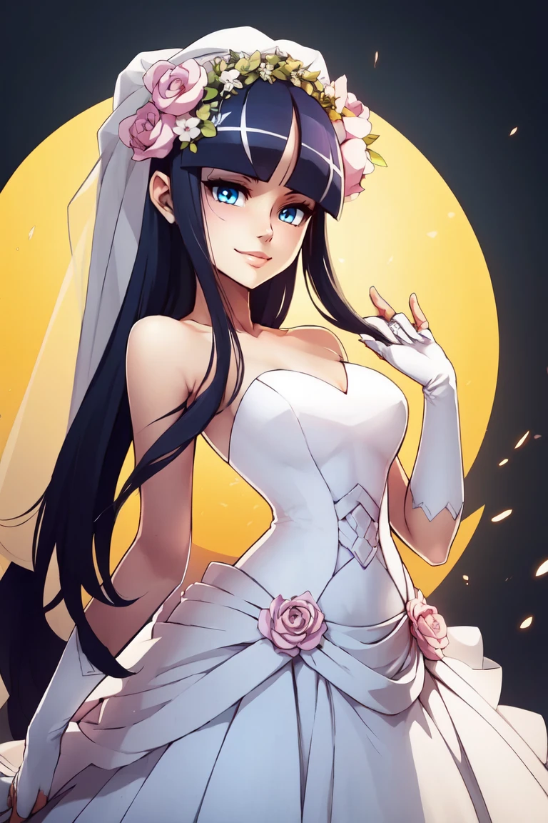 ((masterpiece, best quality)), anime style, <lora:Elesa_Pokemon_v2:0.8>, elesa (pokemon), black hair, streaked hair, long sidelocks, blunt bangs, solo, smile, looking at viewer, cowboy shot,,   bride, wedding dress, bridal veil, strapless dress, elbow gloves,