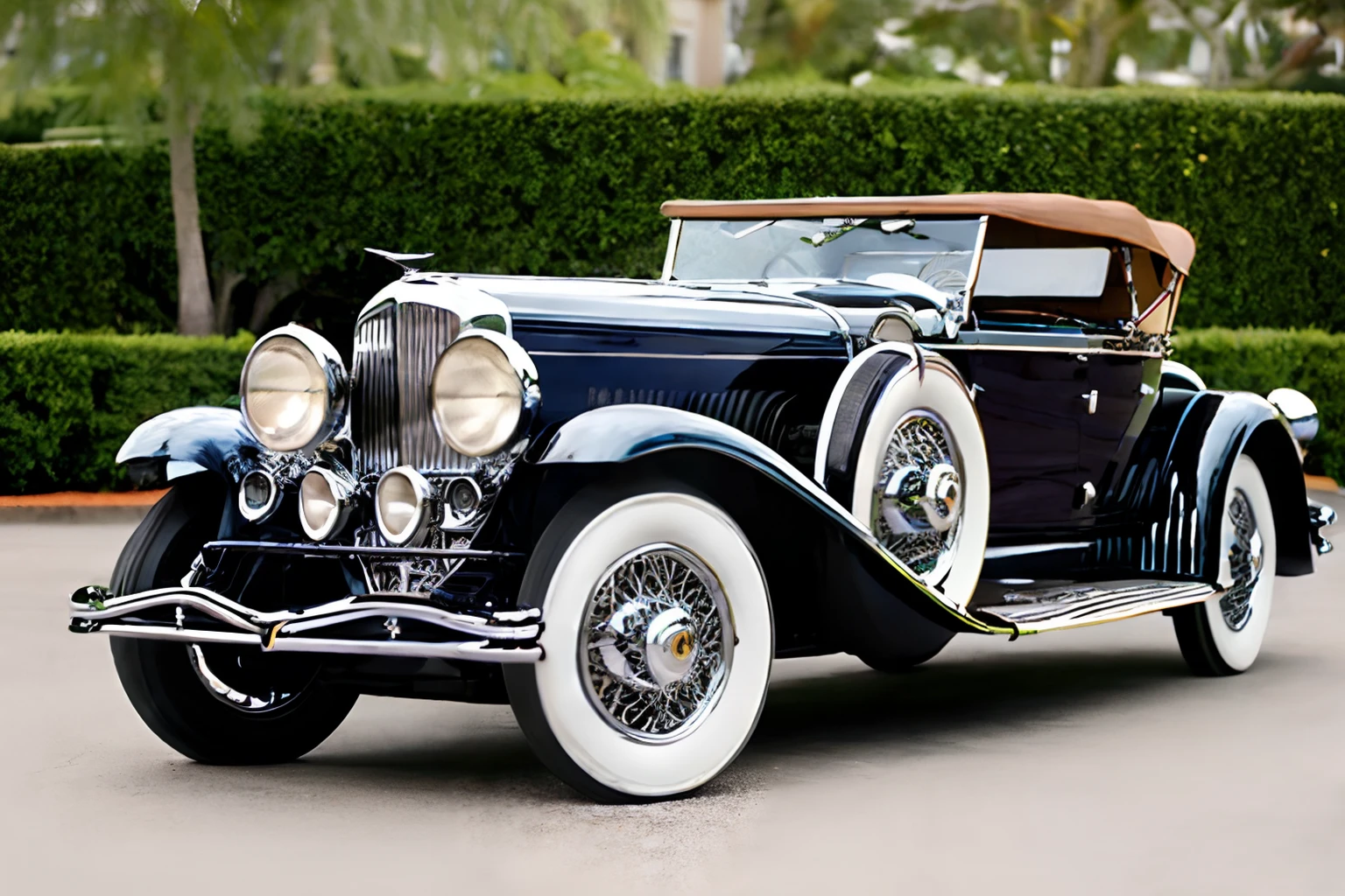 Photo of a duesenberg-j roadster parked in front of an art deco mansion <lora:1930s_Duesenberg_Model_J_by_IMAK:1>