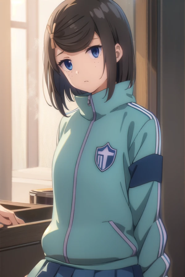 tomomihetada, <lora:tomomi hetada movie2-lora-nochekaiser:1>,
tomomi hetada, short hair, blue eyes, brown hair, hair ornament, hairclip, (swept bangs:1.5), freckles, 
BREAK jacket, track jacket, skirt, blue skirt, pleated skirt,
BREAK indoors, classroom,
BREAK looking at viewer, (cowboy shot:1.5), dynamic pose,
BREAK <lyco:GoodHands-beta2:1>, (masterpiece:1.2), best quality, high resolution, unity 8k wallpaper, (illustration:0.8), (beautiful detailed eyes:1.6), extremely detailed face, perfect lighting, extremely detailed CG, (perfect hands, perfect anatomy),