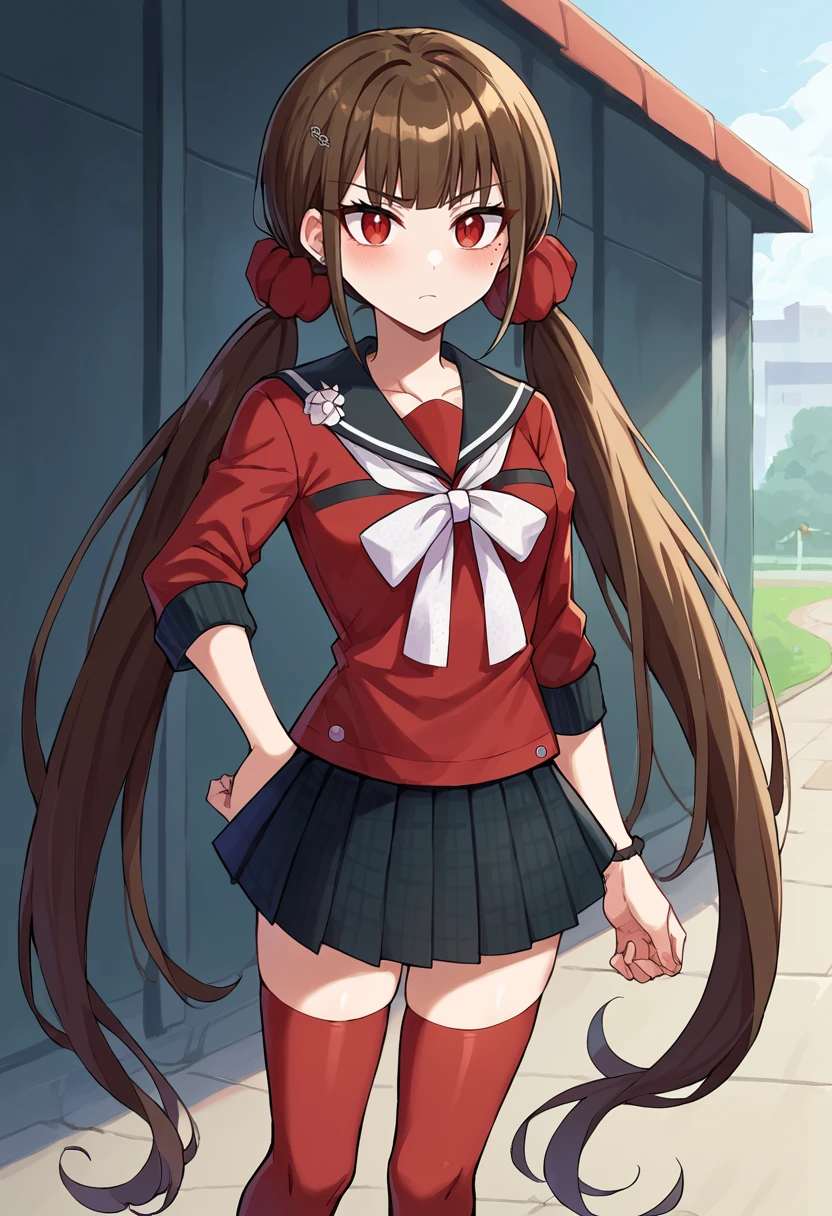 score_9, score_8_up, score_7_up, source_anime, <lora:Erection Under Clothes-000012:1> erection under clothes, <lora:MakiV2F:1> Harumaki, 1girl, low twintails, red eyes, brown hair, mole under eye, hairclip, red shirt, brooch, pleated skirt, white bow, red thighhighs, red scrunchie,