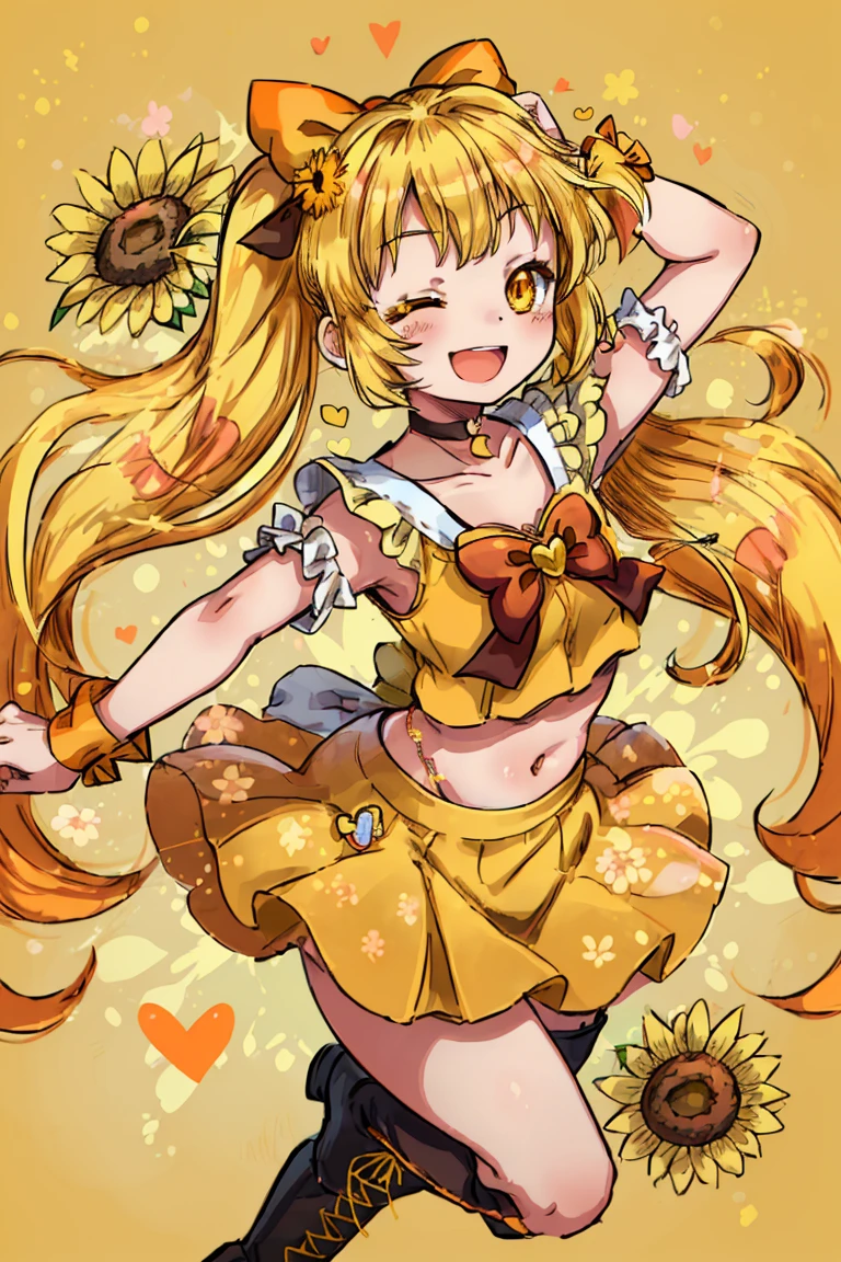 1girl, myoudouin itsuki, cure sunshine, jewelry, brooch, solo, sunflower, long hair, twintails, heart brooch, one eye closed, blonde hair, magical girl, skirt, choker, orange choker, orange bow, yellow eyes, midriff, bow, flower, boots, smile, ribbon, knee boots, hair ribbon, heart, yellow bow, wrist cuffs, open mouth, navel, floral background, orange skirt, <lora:Prettycute v2:0.7>