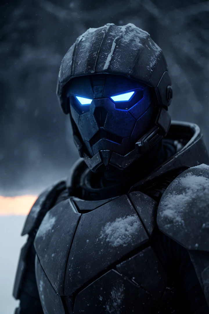photo RAW,A alien soldier monster, portrait in a landscape, wearing black whit blue lights, during a snow storm, ice, cold, dark lighting, intricate details, in a cold snowstorm, outdoors, night
, exceptional shallow depth-of-field capabilities, atmospheric haze blur,vivid colors,high quality textures of materials, volumetric textures, coating textures, metal textures